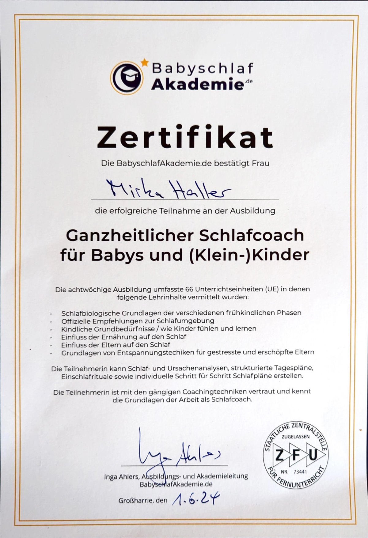 Zertifikat: Ganzheitlicher Schlafcoach | Inga Ahlers
