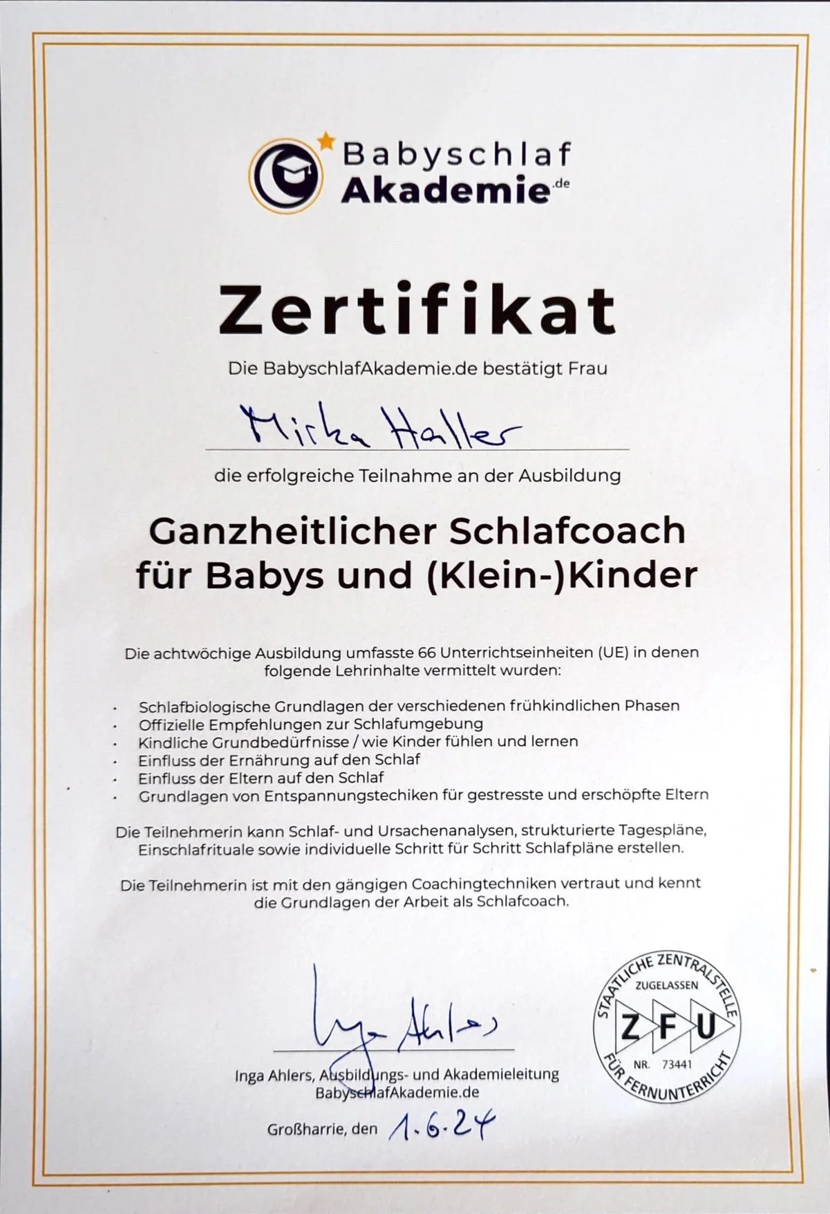 Zertifikat: Ganzheitlicher Schlafcoach | Inga Ahlers